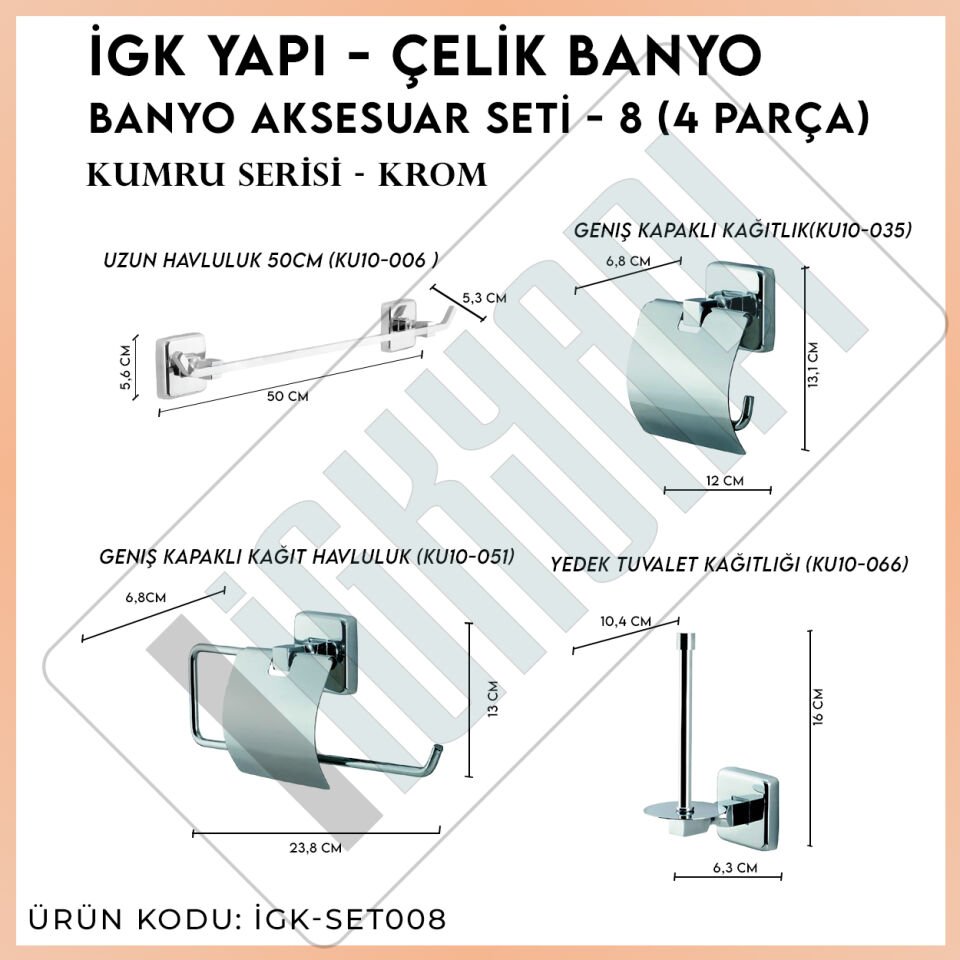 İGK YAPI - Çelik Banyo Kumru Banyo Aksesuar Seti -8(4 Parça)