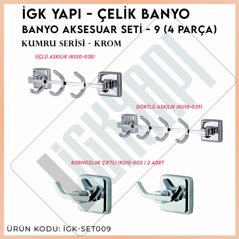 İGK YAPI - Çelik Banyo Kumru Banyo Aksesuar Seti -9(4 Parça)