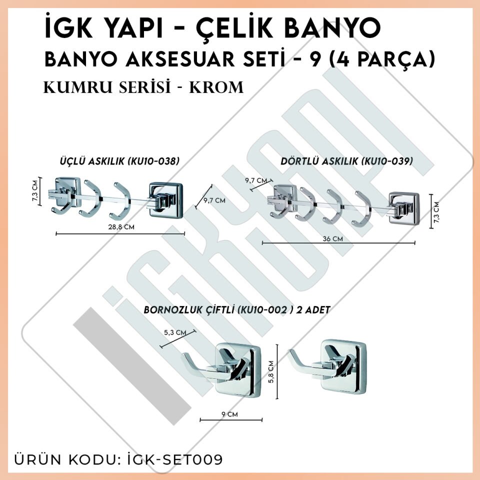 İGK YAPI - Çelik Banyo Kumru Banyo Aksesuar Seti -9(4 Parça)