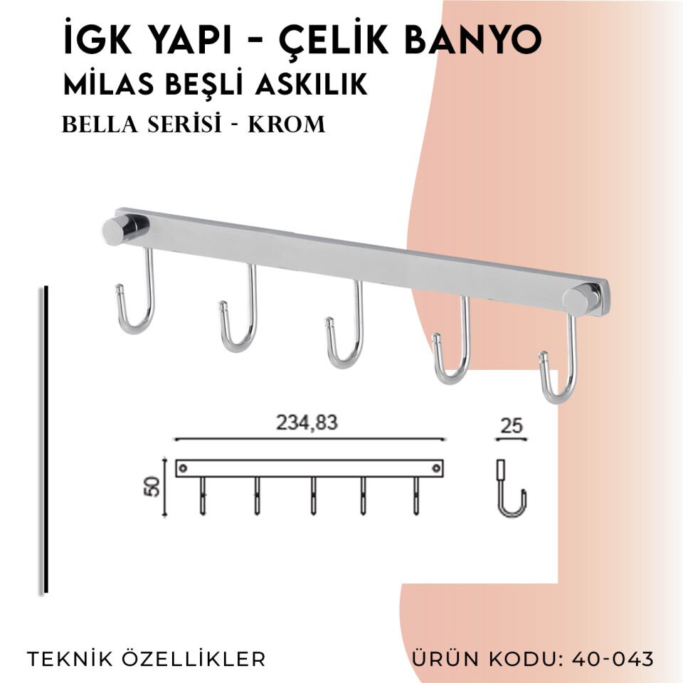 İGK YAPI - Çelik Banyo Bella Milas Beşli Askılık (40-043)