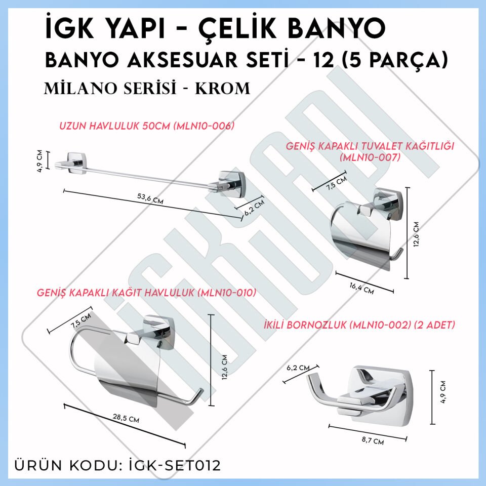 İGK YAPI - Çelik Banyo Milano Banyo Aksesuar Seti -12(5 Parça)