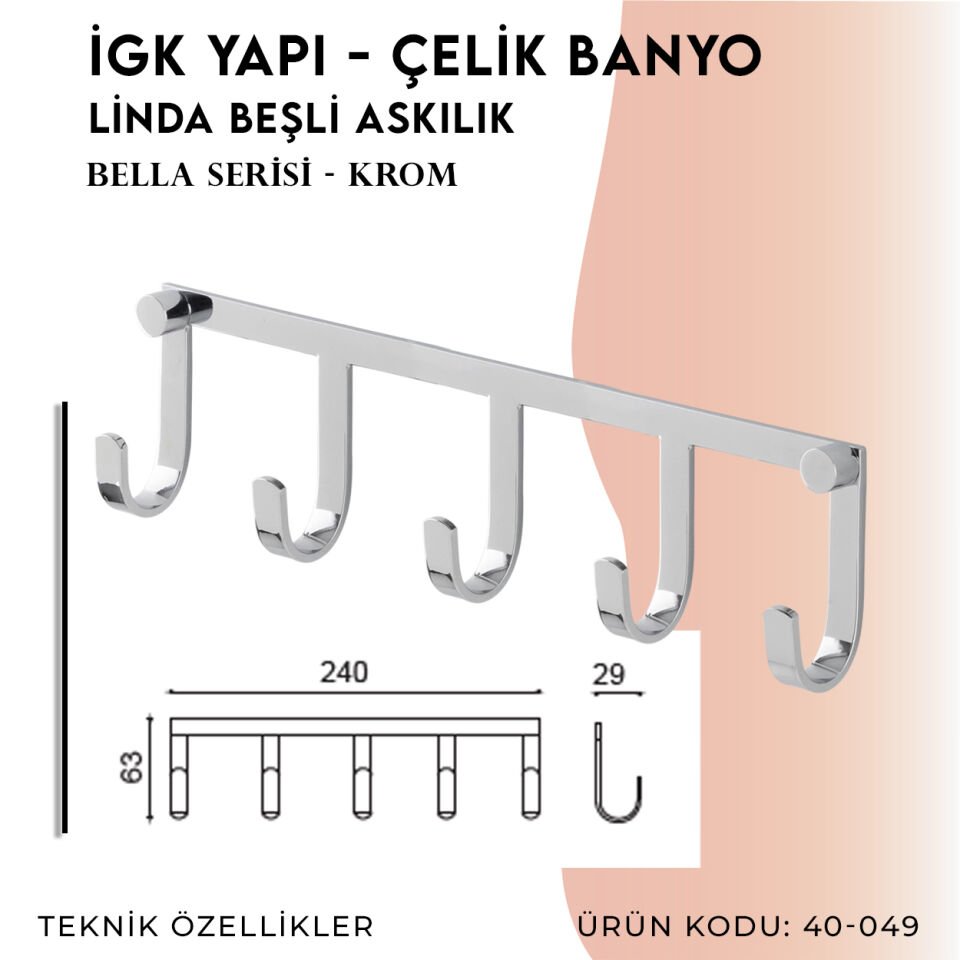 İGK YAPI - Çelik Banyo Bella Linda Beşli Askılık (40-049)
