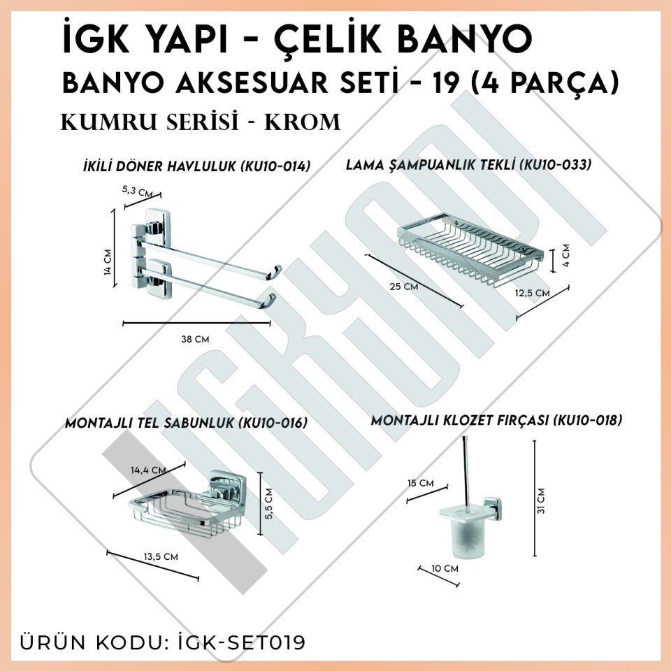 İGK YAPI - Çelik Banyo Kumru Banyo Aksesuar Seti -19(4 Parça)
