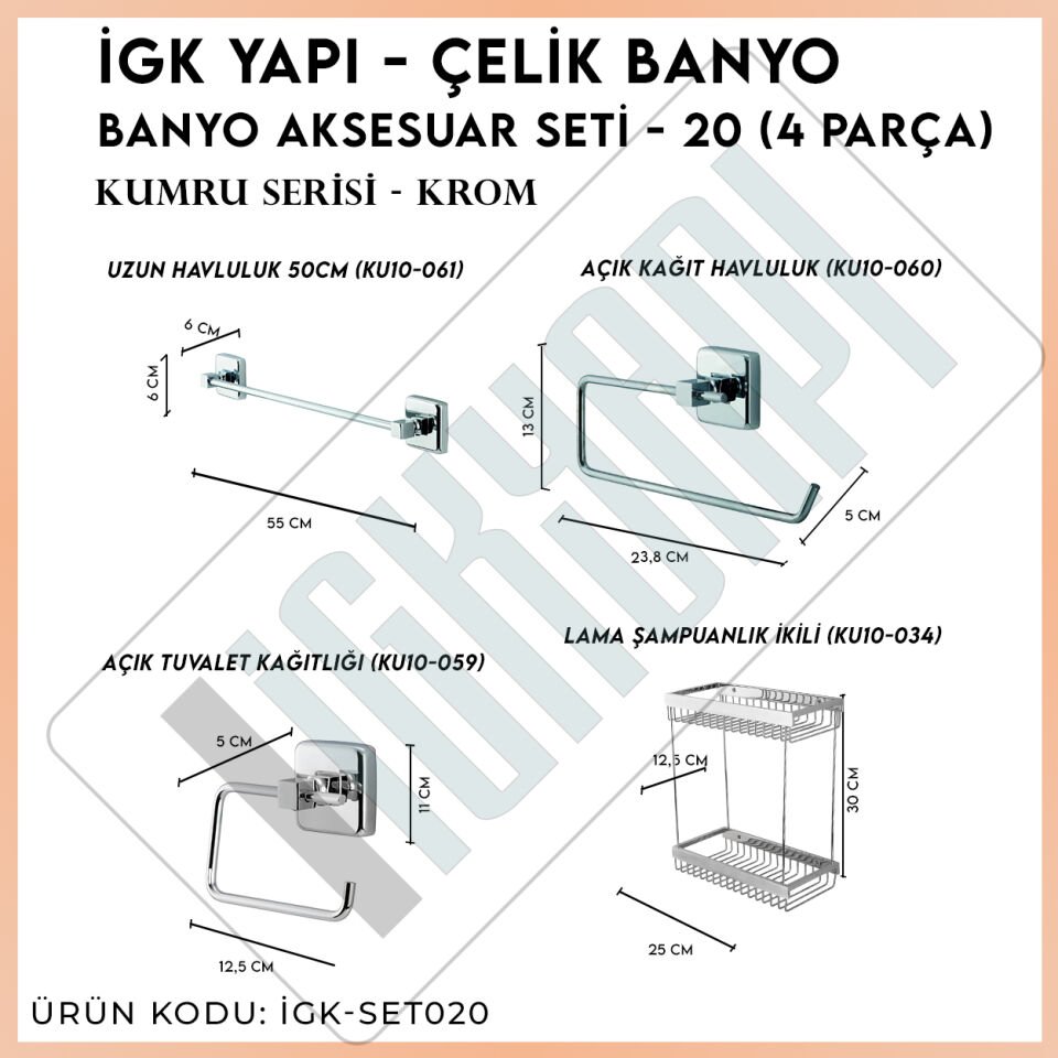 İGK YAPI - Çelik Banyo Kumru Banyo Aksesuar Seti -20(4 Parça)
