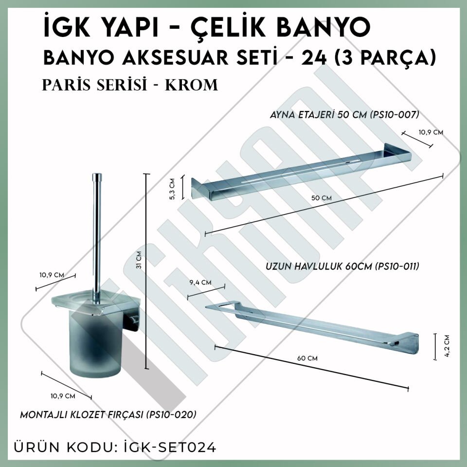 İGK YAPI - Çelik Banyo Paris Banyo Aksesuar Seti -24(3 Parça)