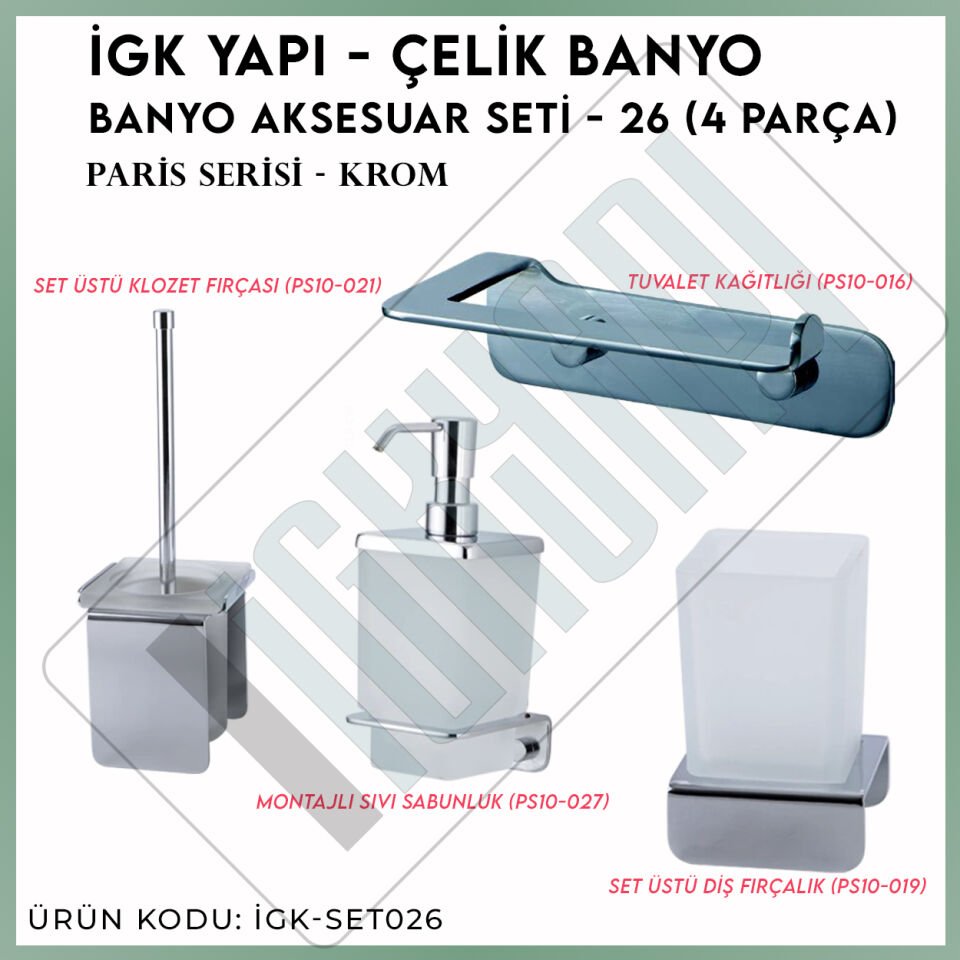 İGK YAPI - Çelik Banyo Paris Banyo Aksesuar Seti -26(4 Parça)