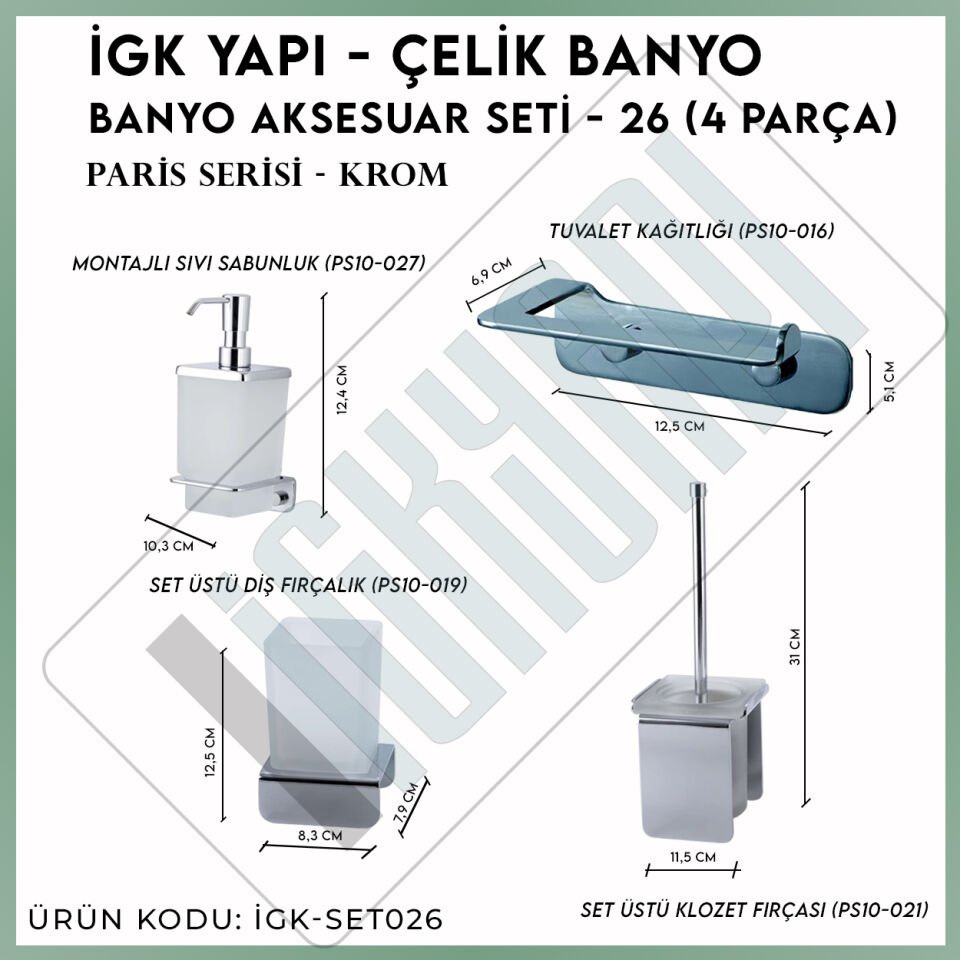 İGK YAPI - Çelik Banyo Paris Banyo Aksesuar Seti -26(4 Parça)