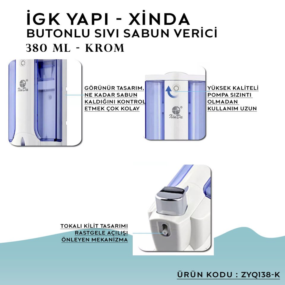 İGK YAPI – XinDa Tekli Butonlu Krom Sıvı Sabun Dispanseri (ZYQ138-K)