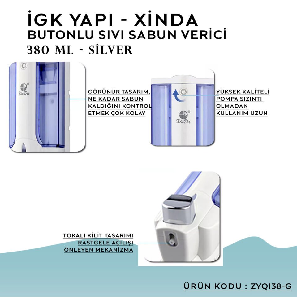 İGK YAPI – XinDa Tekli Butonlu Silver Sıvı Sabun Dispanseri (ZYQ138-G)