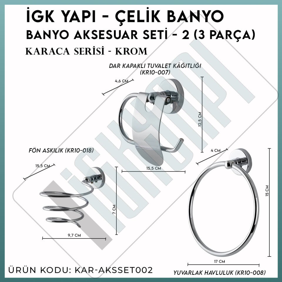 İGK YAPI - Çelik Banyo Karaca Banyo Aksesuar Seti - 2 (3 Parça)