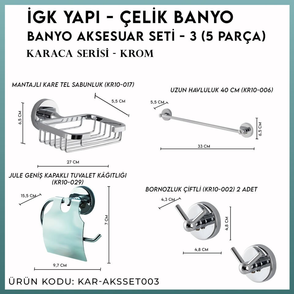 İGK YAPI - Çelik Banyo Karaca Banyo Aksesuar Seti - 3 (5 Parça)