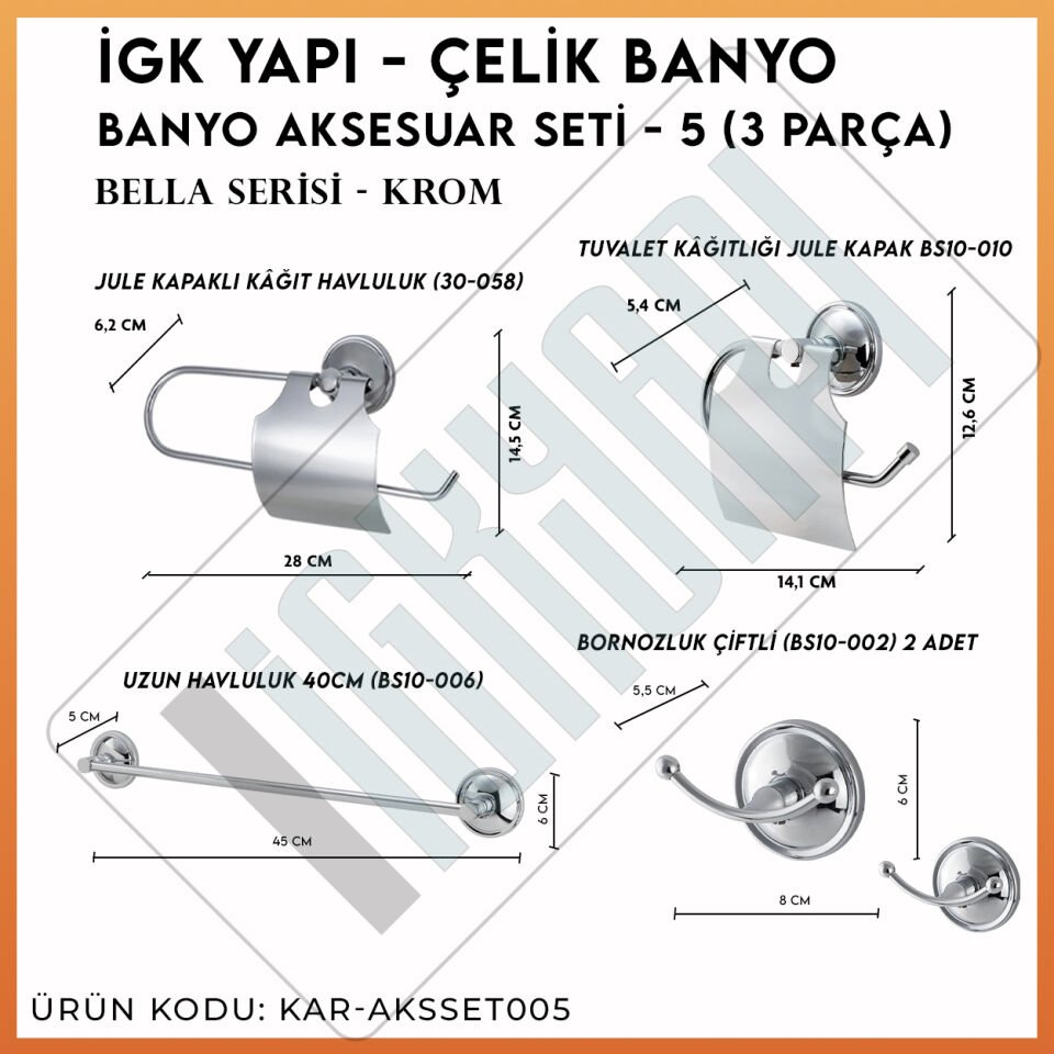 İGK YAPI - Çelik Banyo Bella Banyo Aksesuar Seti - 5 (5 Parça)