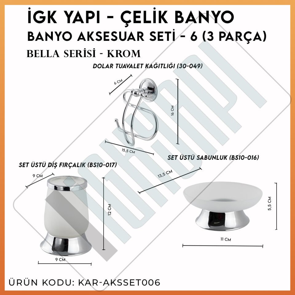 İGK YAPI - Çelik Banyo Bella Banyo Aksesuar Seti - 6 (3 Parça)