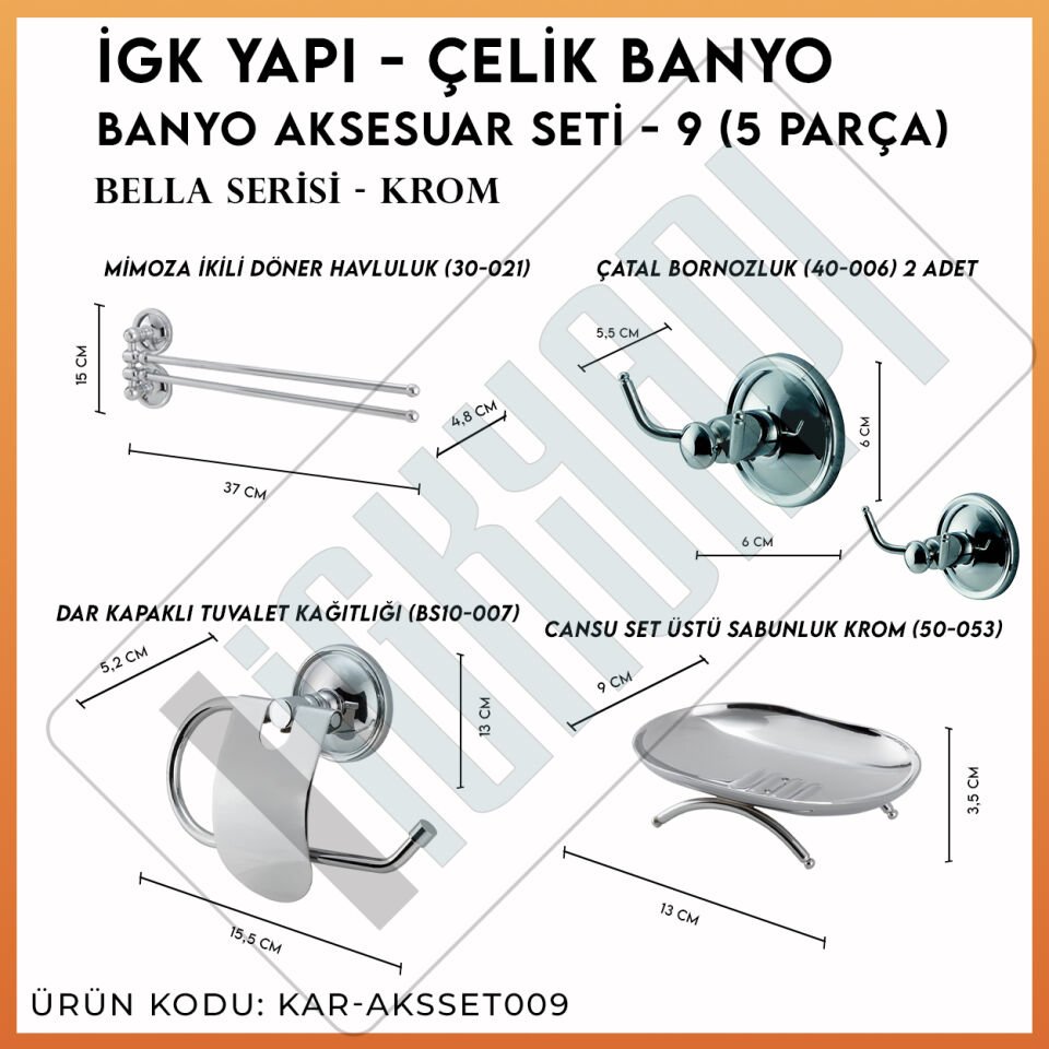 İGK YAPI - Çelik Banyo Bella Banyo Aksesuar Seti - 9 (4 Parça)