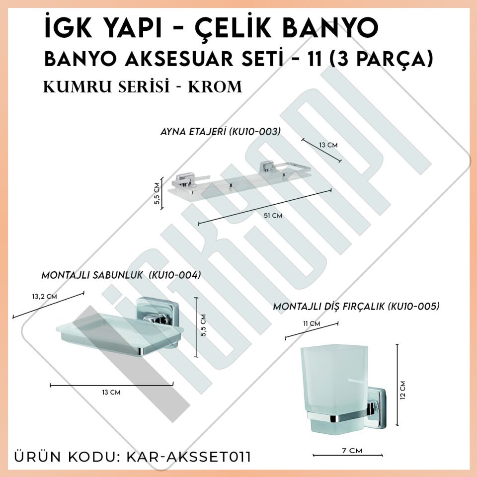 İGK YAPI - Çelik Banyo Kumru Banyo Aksesuar Seti - 11 (3 Parça)