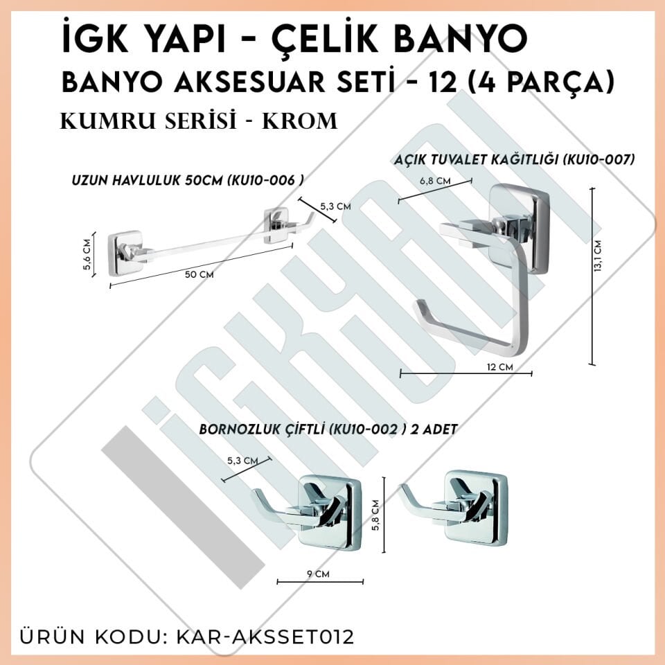 İGK YAPI - Çelik Banyo Kumru Banyo Aksesuar Seti - 12 (4 Parça)