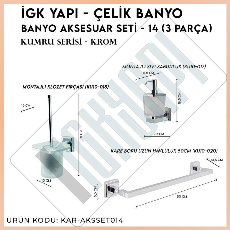 İGK YAPI - Çelik Banyo Kumru Banyo Aksesuar Seti - 14 (3 Parça)