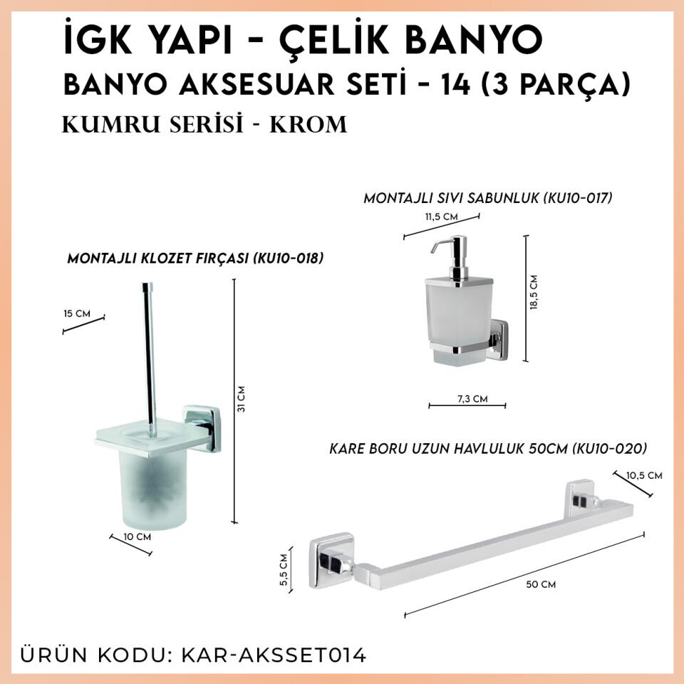 İGK YAPI - Çelik Banyo Kumru Banyo Aksesuar Seti - 14 (3 Parça)
