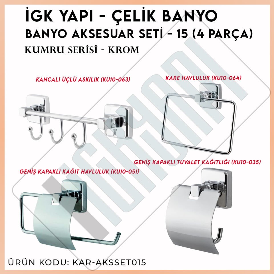 İGK YAPI - Çelik Banyo Kumru Banyo Aksesuar Seti - 15 (4 Parça)