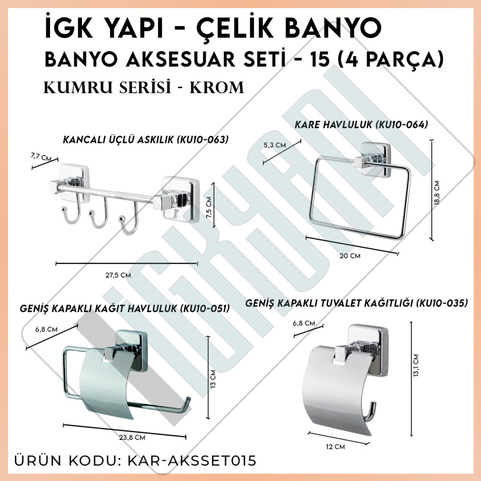 İGK YAPI - Çelik Banyo Kumru Banyo Aksesuar Seti - 15 (4 Parça)