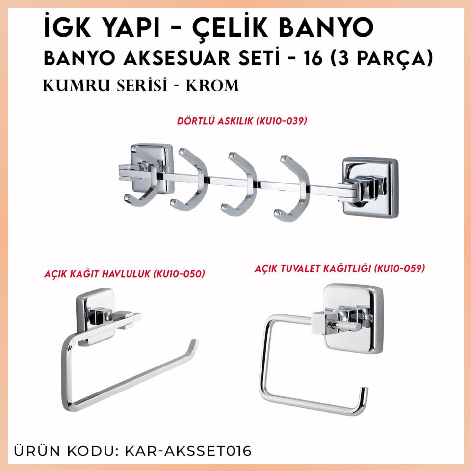 İGK YAPI - Çelik Banyo Kumru Banyo Aksesuar Seti - 16 (4 Parça)