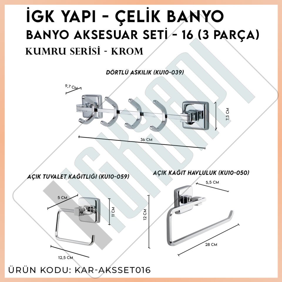 İGK YAPI - Çelik Banyo Kumru Banyo Aksesuar Seti - 16 (4 Parça)