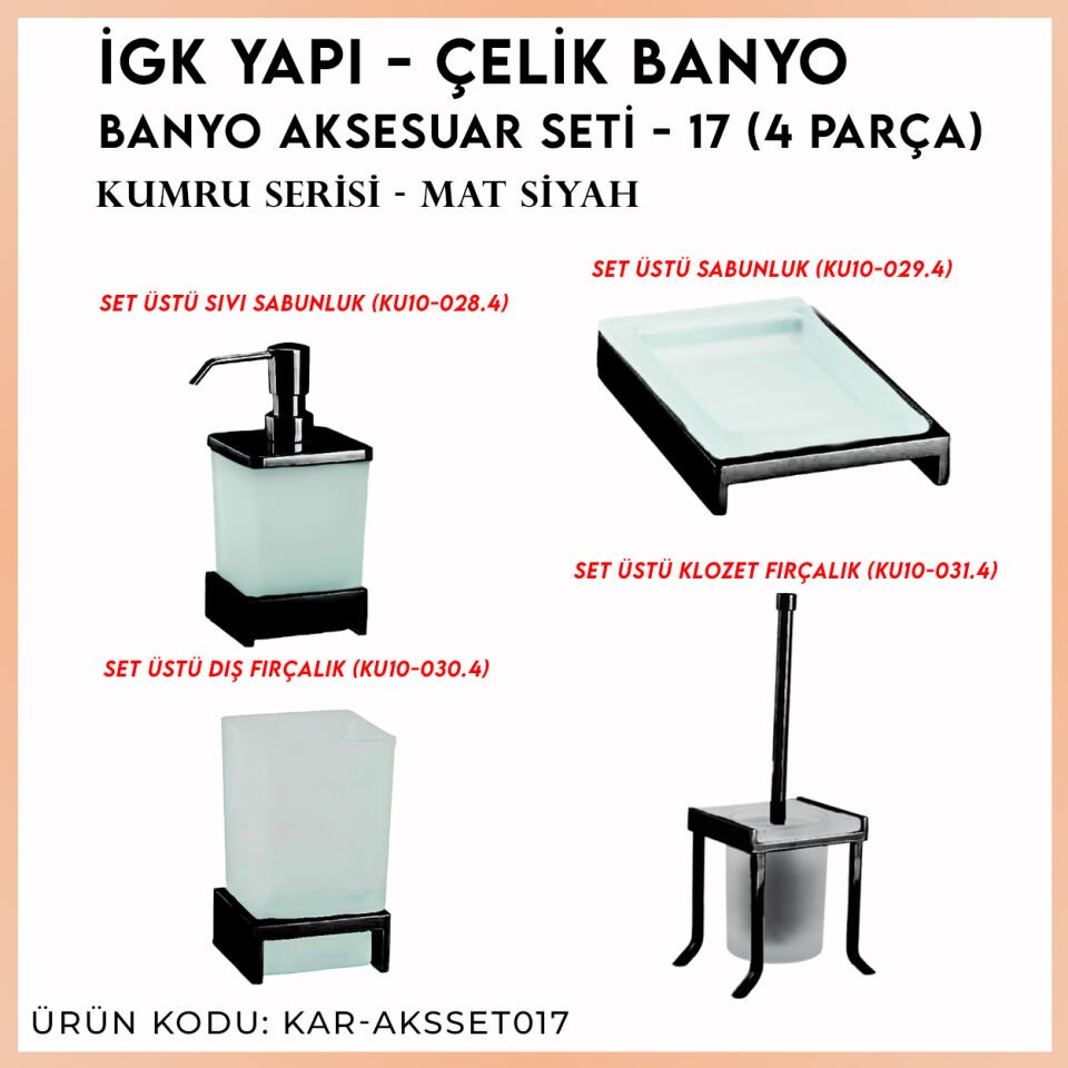 İGK YAPI - Çelik Banyo Kumru Mat Siyah Banyo Aksesuar Seti - 17 (4 Parça)