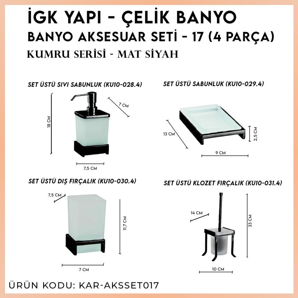 İGK YAPI - Çelik Banyo Kumru Mat Siyah Banyo Aksesuar Seti - 17 (4 Parça)