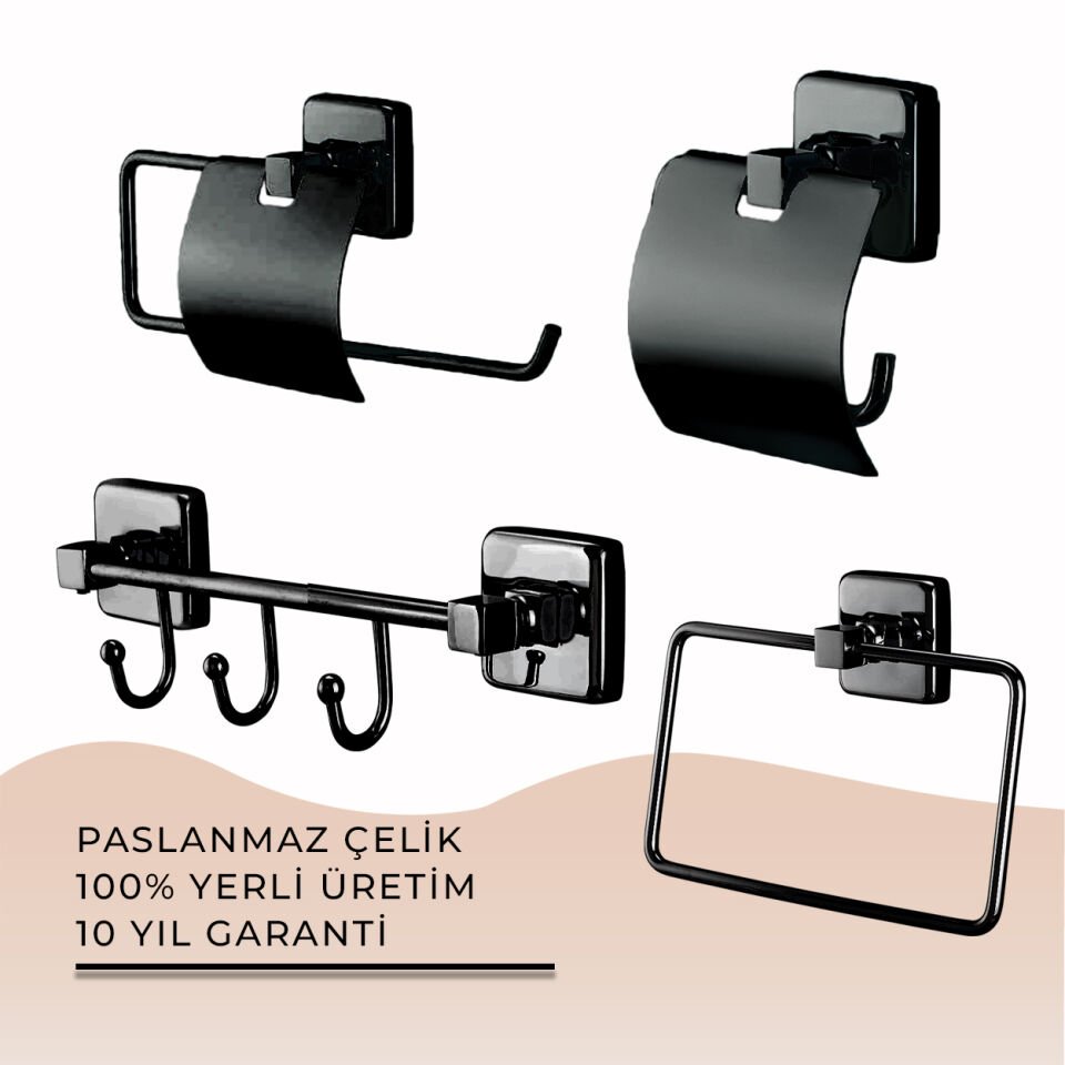 İGK YAPI - Çelik Banyo Kumru Mat Siyah Banyo Aksesuar Seti - 18 (4 Parça)