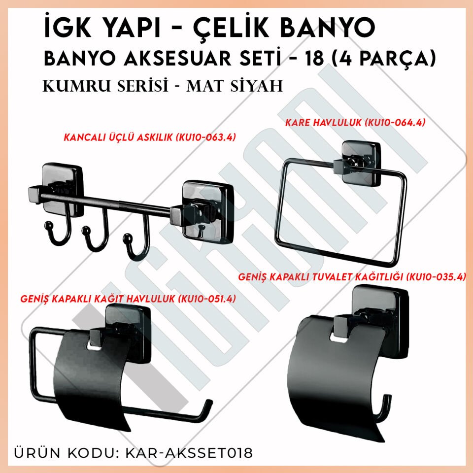 İGK YAPI - Çelik Banyo Kumru Mat Siyah Banyo Aksesuar Seti - 18 (4 Parça)