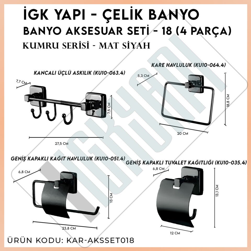 İGK YAPI - Çelik Banyo Kumru Mat Siyah Banyo Aksesuar Seti - 18 (4 Parça)