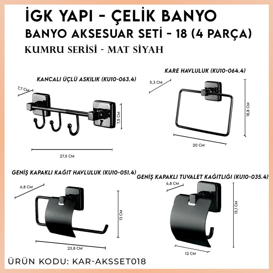 İGK YAPI - Çelik Banyo Kumru Mat Siyah Banyo Aksesuar Seti - 18 (4 Parça)