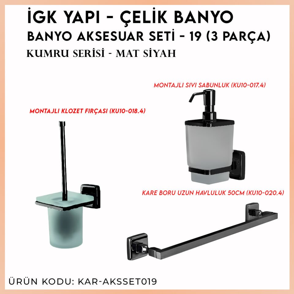 İGK YAPI - Çelik Banyo Kumru Mat Siyah Banyo Aksesuar Seti - 19 (3 Parça)