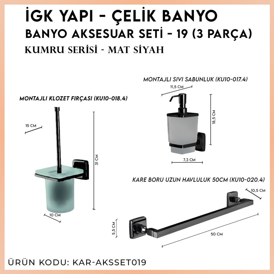 İGK YAPI - Çelik Banyo Kumru Mat Siyah Banyo Aksesuar Seti - 19 (3 Parça)