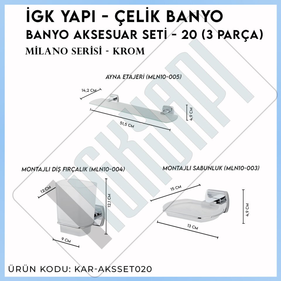 İGK YAPI - Çelik Banyo Milano Banyo Aksesuar Seti - 20 (3 Parça)