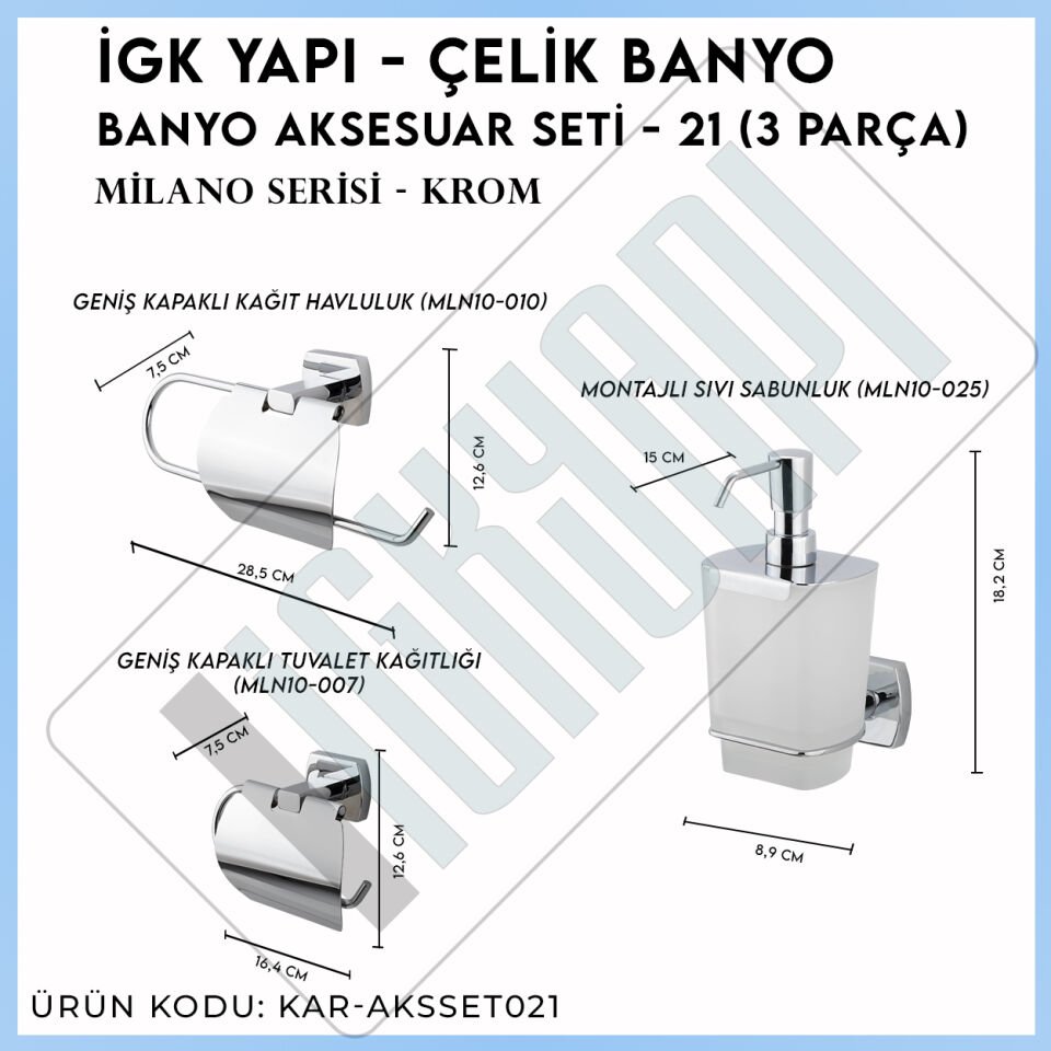 İGK YAPI - Çelik Banyo Milano Banyo Aksesuar Seti - 21 (3 Parça)