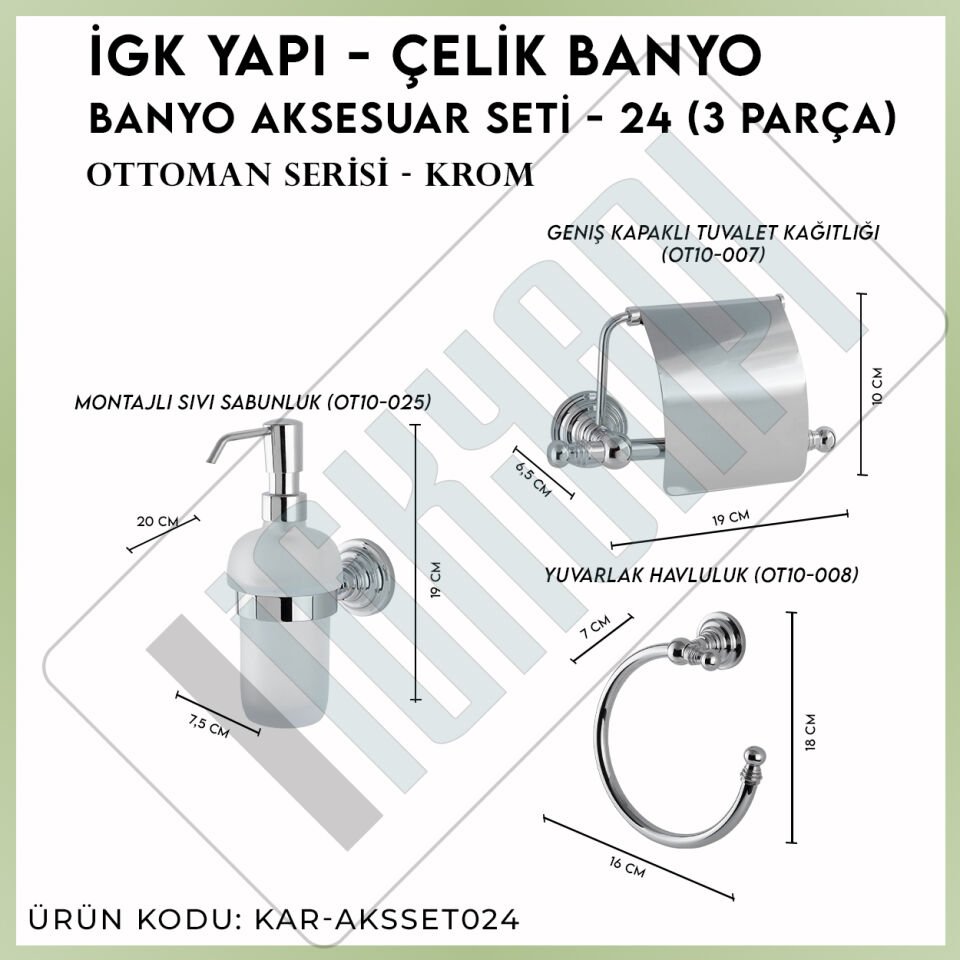 İGK YAPI - Çelik Banyo Ottoman Banyo Aksesuar Seti - 24 (3 Parça)