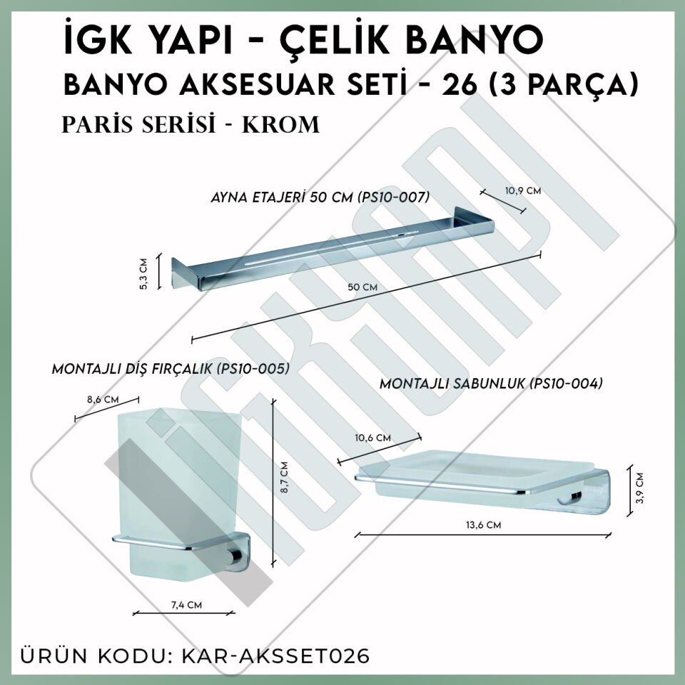 İGK YAPI - Çelik Banyo Paris Banyo Aksesuar Seti - 26 (3 Parça)