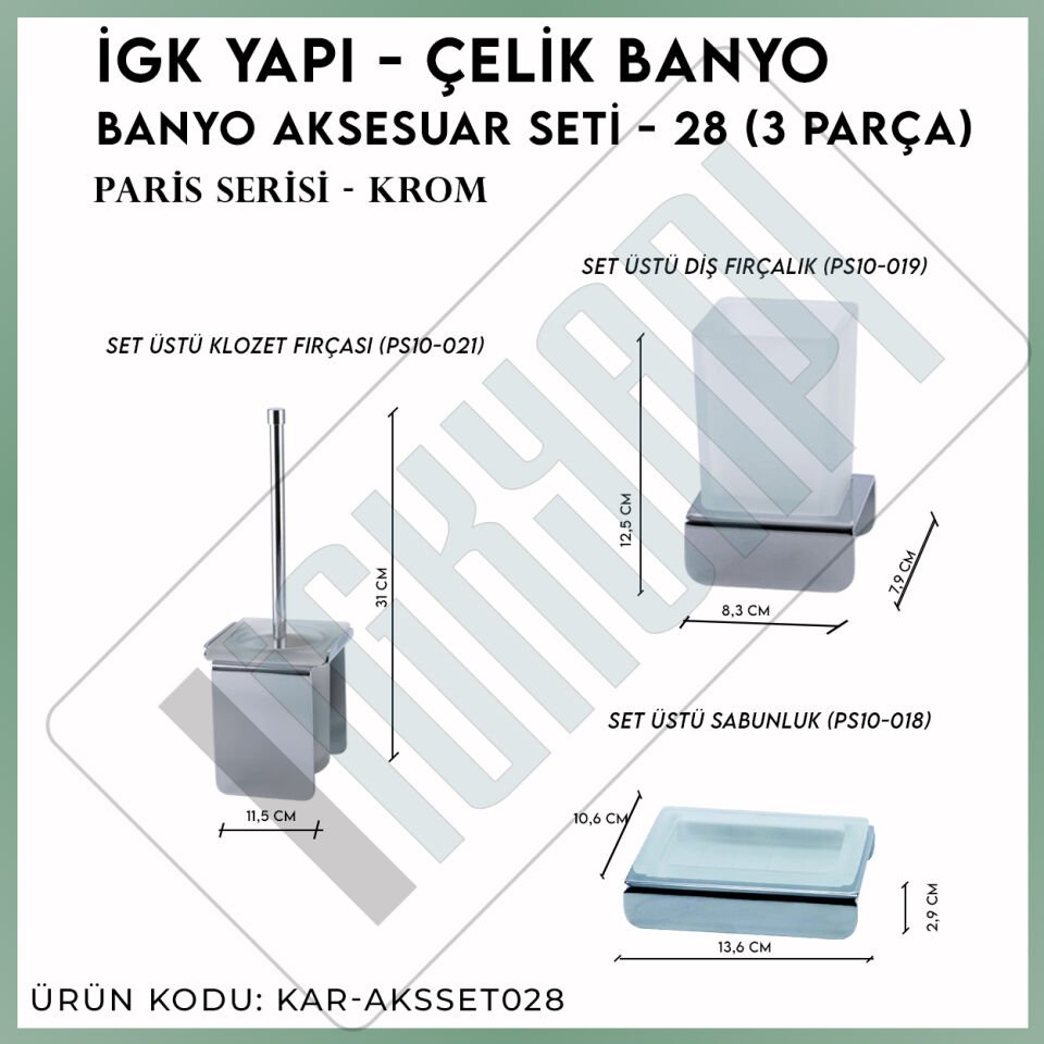 İGK YAPI - Çelik Banyo Paris Banyo Aksesuar Seti - 28 (3 Parça)