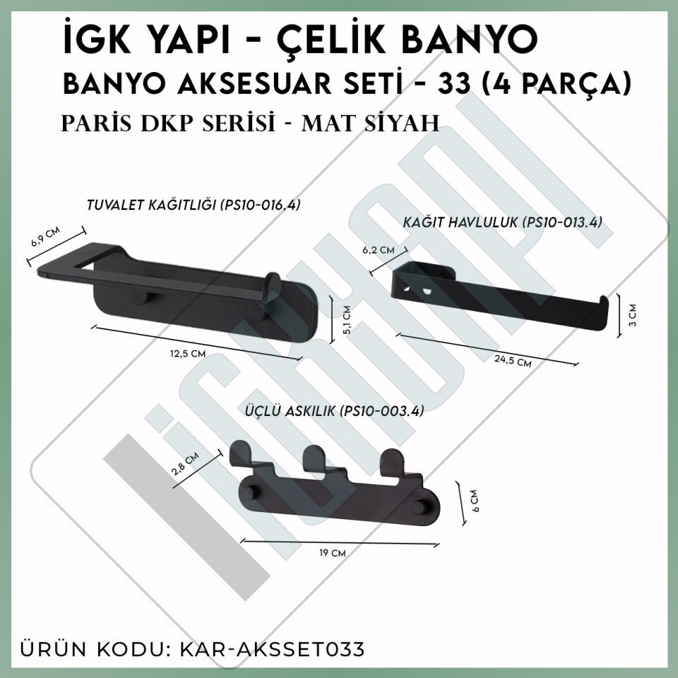 İGK YAPI - Çelik Banyo Paris DKP Banyo Aksesuar Seti - 33 (3 Parça)