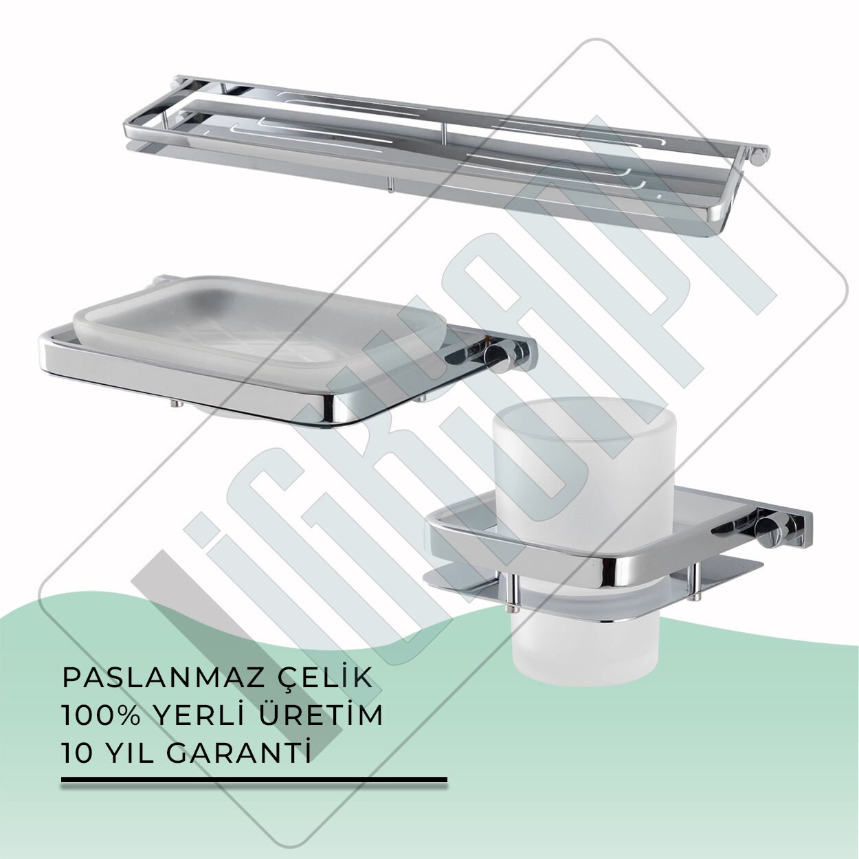 İGK YAPI - Çelik Banyo Mercan Banyo Aksesuar Seti - 34 (3 Parça)