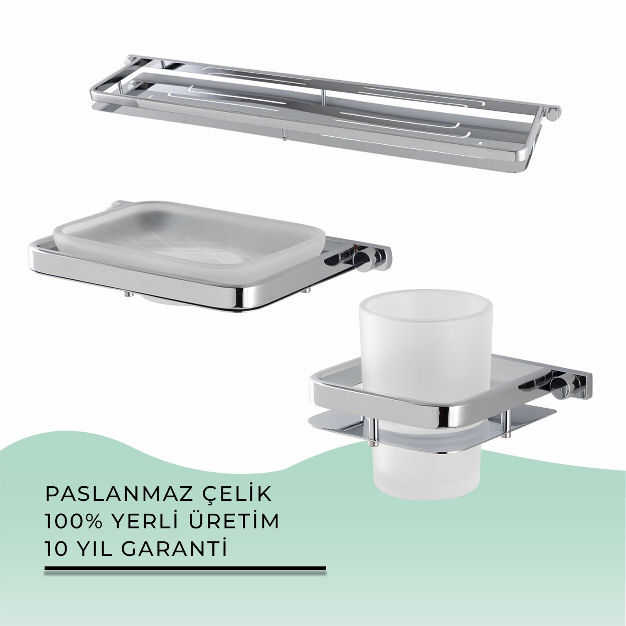 İGK YAPI - Çelik Banyo Mercan Banyo Aksesuar Seti - 34 (3 Parça)