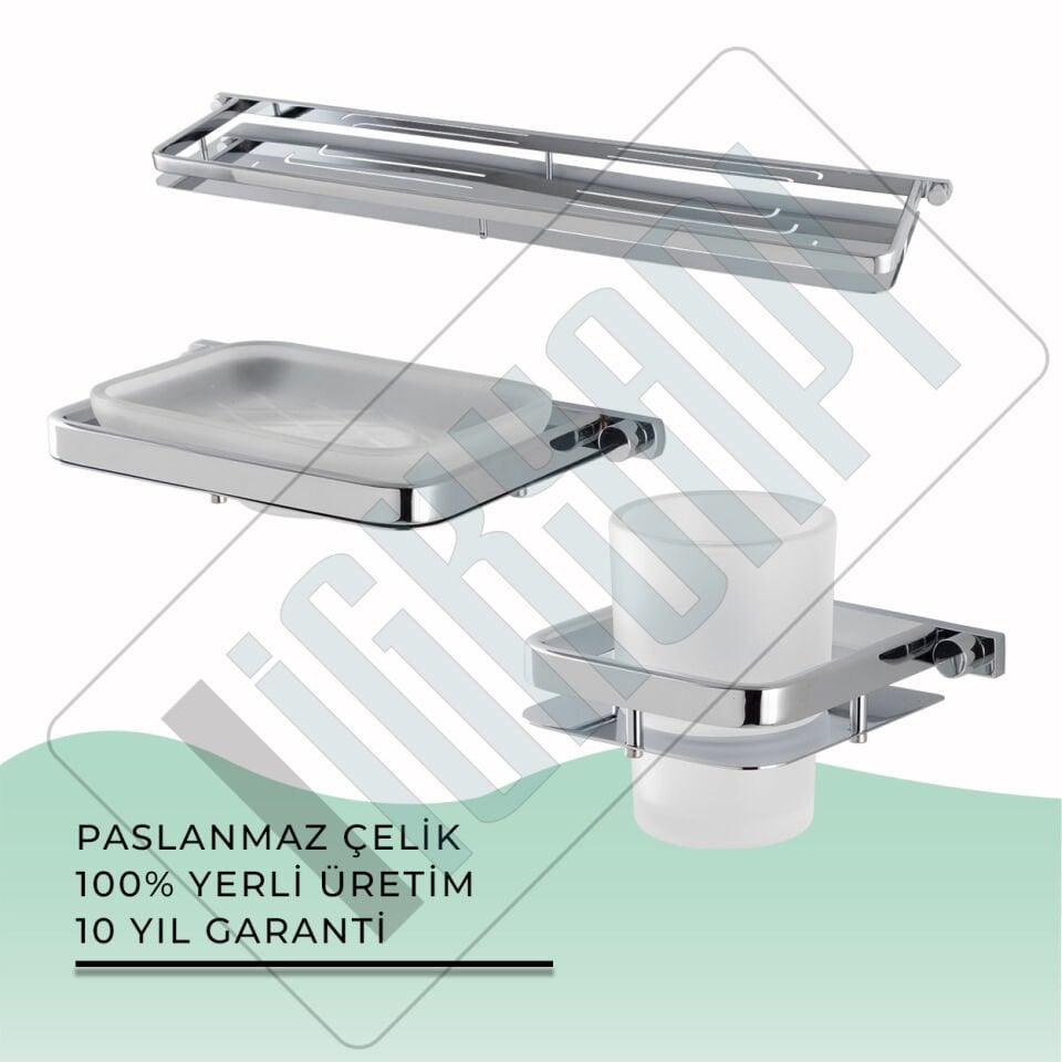 İGK YAPI - Çelik Banyo Mercan Banyo Aksesuar Seti - 34 (3 Parça)