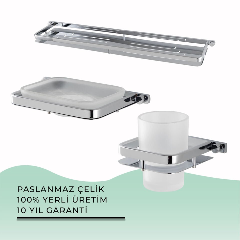 İGK YAPI - Çelik Banyo Mercan Banyo Aksesuar Seti - 34 (3 Parça)