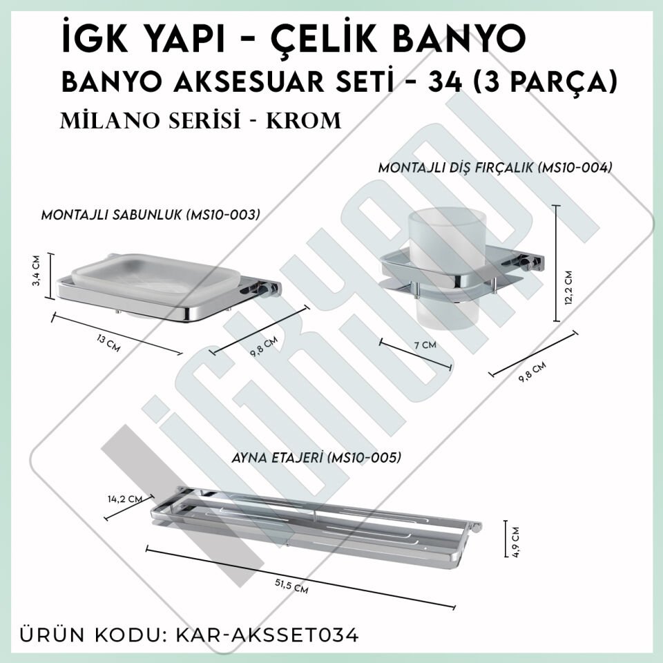 İGK YAPI - Çelik Banyo Mercan Banyo Aksesuar Seti - 34 (3 Parça)
