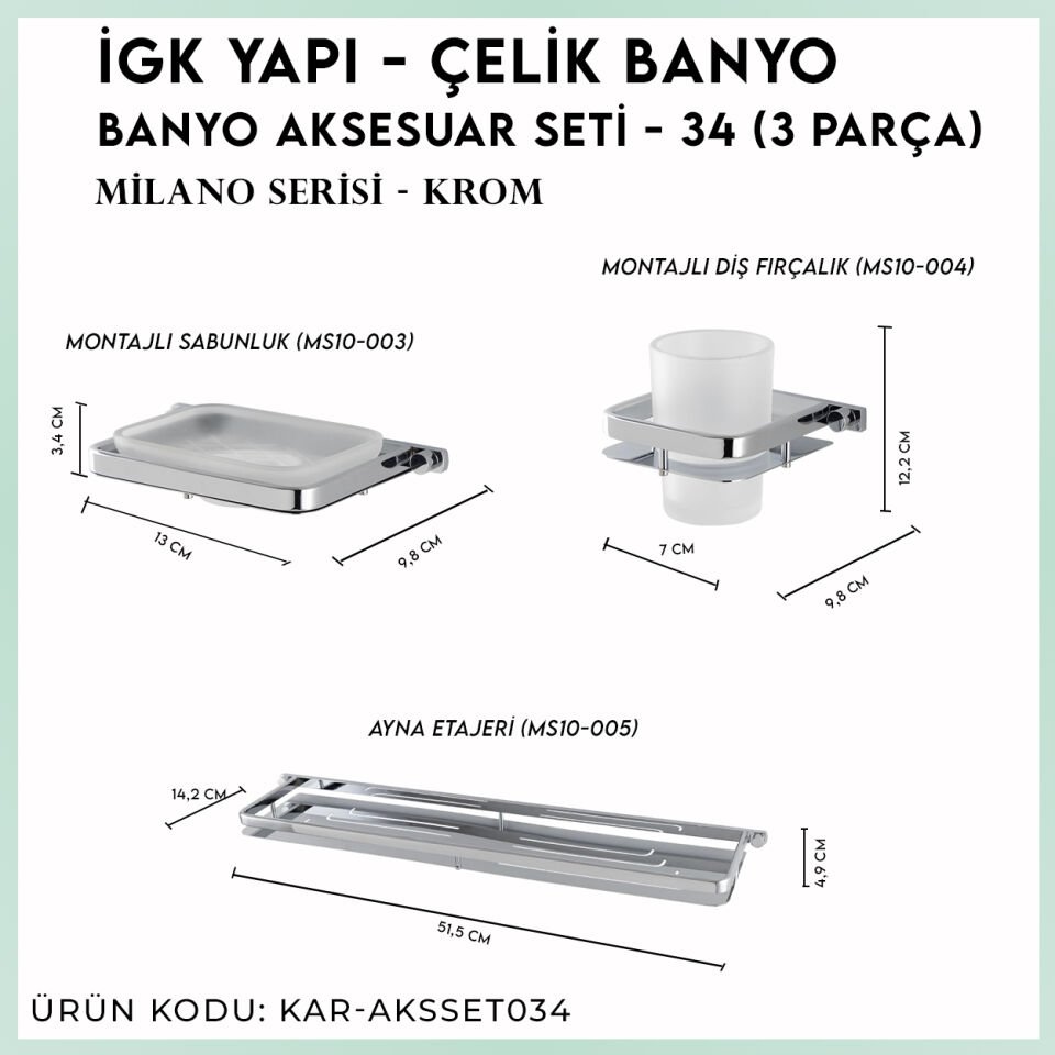 İGK YAPI - Çelik Banyo Mercan Banyo Aksesuar Seti - 34 (3 Parça)
