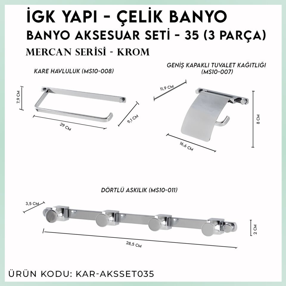 İGK YAPI - Çelik Banyo Mercan Banyo Aksesuar Seti - 35 (3 Parça)