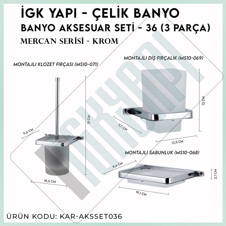 İGK YAPI - Çelik Banyo Mercan Banyo Aksesuar Seti - 36 (3 Parça)