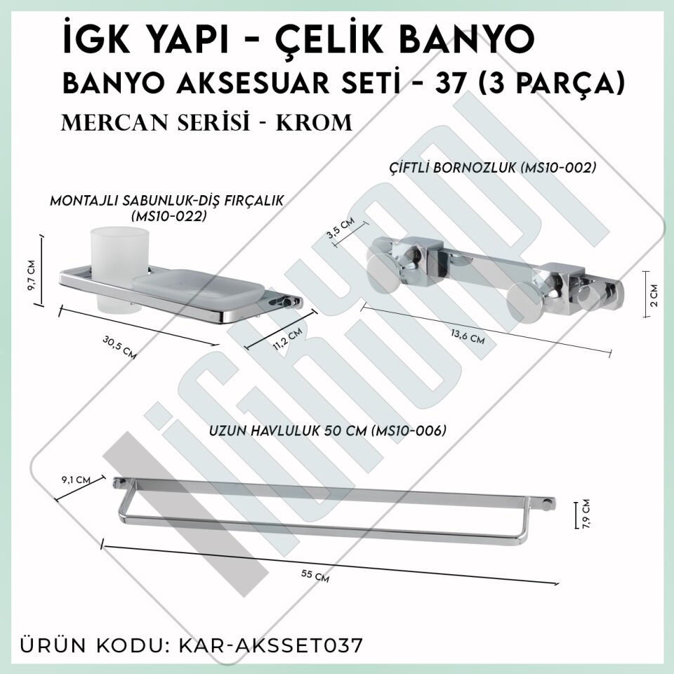İGK YAPI - Çelik Banyo Mercan Banyo Aksesuar Seti - 37 (3 Parça)