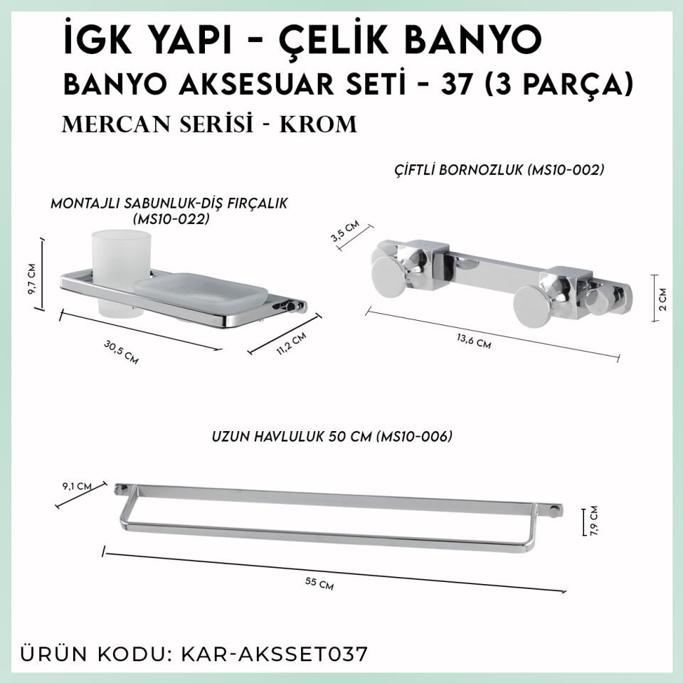 İGK YAPI - Çelik Banyo Mercan Banyo Aksesuar Seti - 37 (3 Parça)